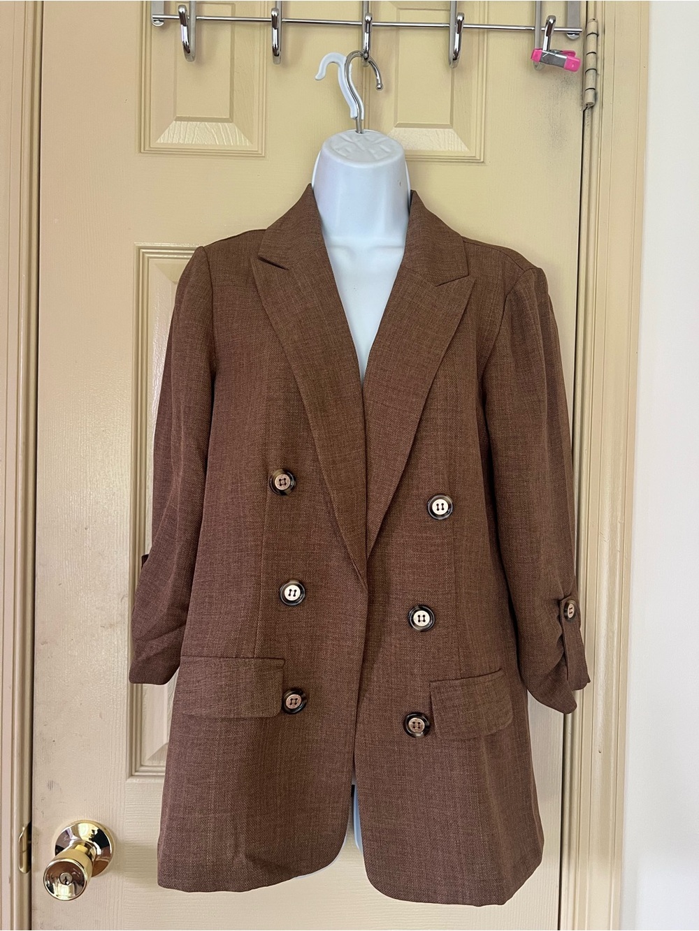 Women's Brown Double-Breasted Tailored Blazer Jacket